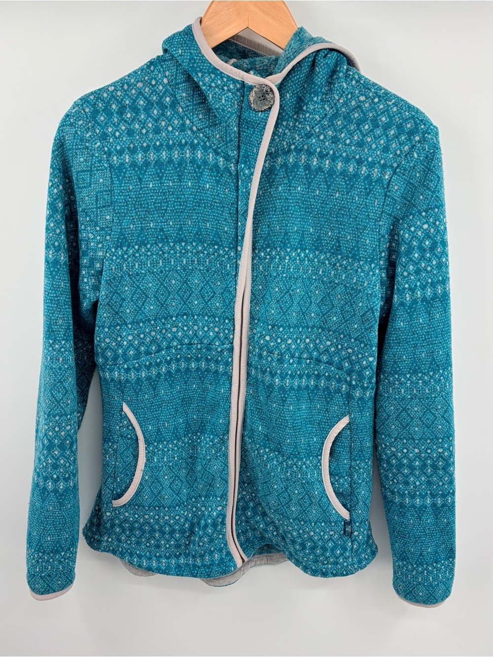 Prana Arka hooded fleece teal blue patterned full zip jacket women’s L outdoor